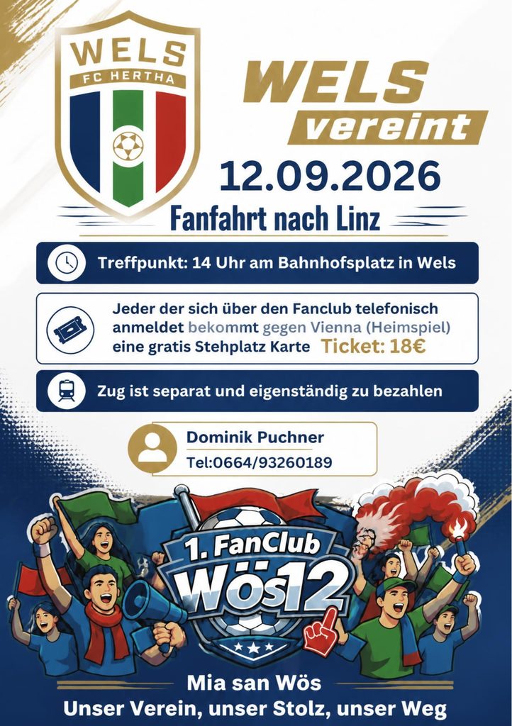 FC Hertha Wels Fanfahrt nach Linz am 12.09.2026 Treffpunkt Bahnhof Wels